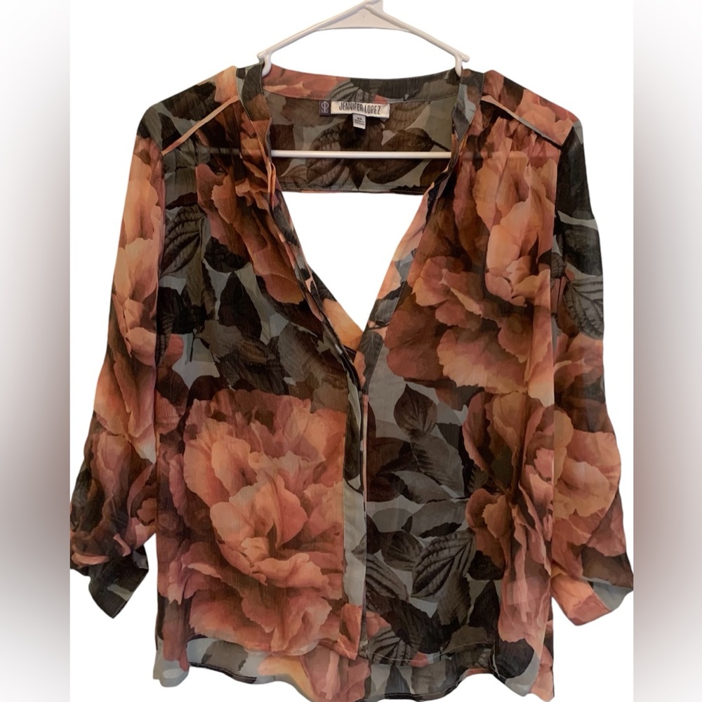 JLo Jennifer Lopez rose sexy sophisticated floral print sheer cutout work blouse